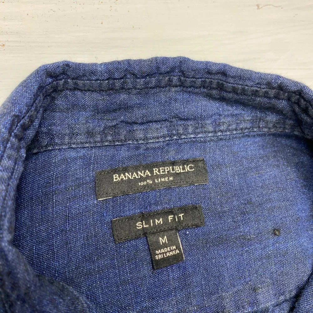 Banana Republic Linen Shirt Mens M Blue Slim Fit Long Sleeve Indigo Denim